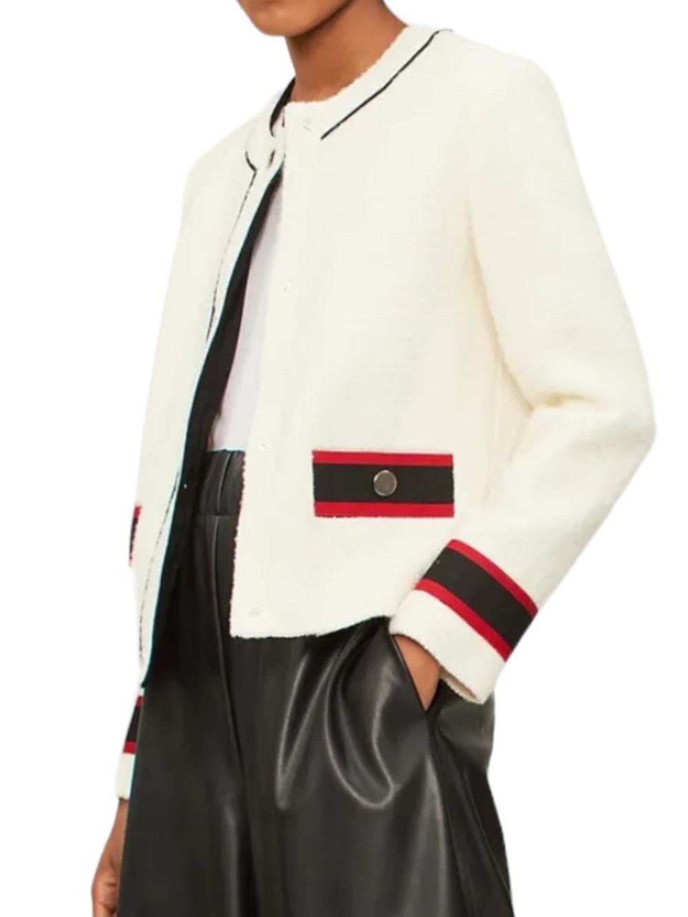 Maje Cropped Cream Tweed Jacket with Red & Black Trim